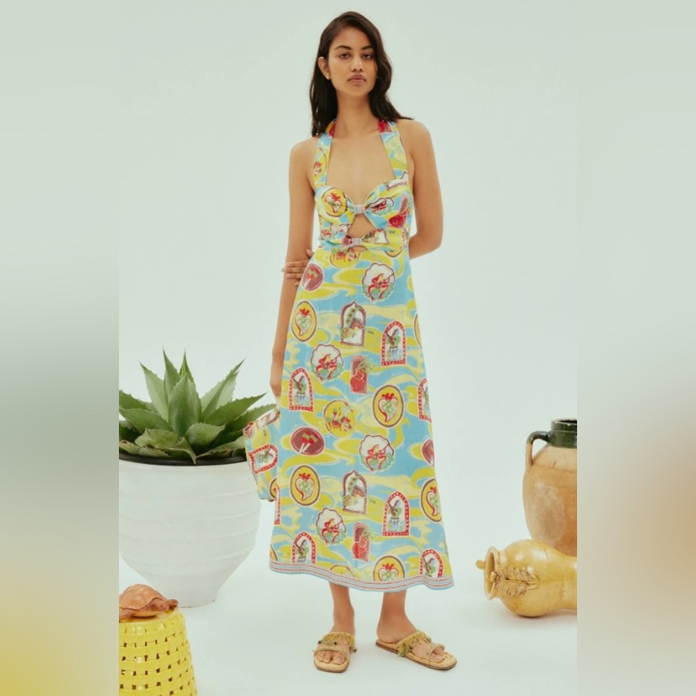 Alemais Blue Multi-Color Halter Midi Dress